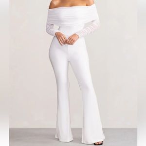 CLUB LONDON | Whisper white ruched mesh Bardot jumpsuit | Size 2